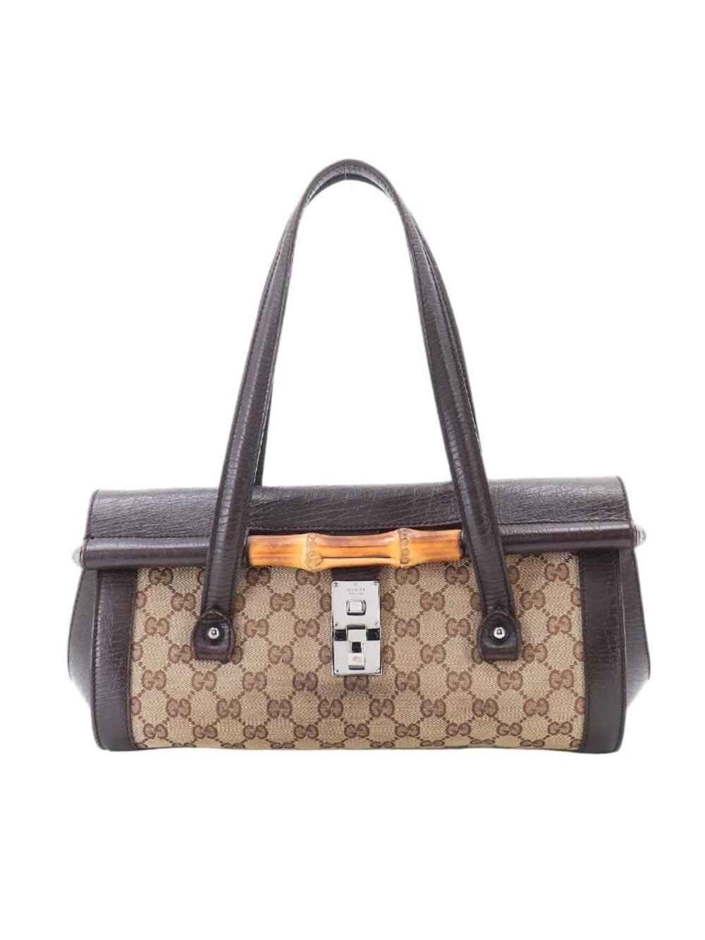 Gucci Bamboo Handbag GG Canvas Leather Brown Beige Silver Banboo Bag